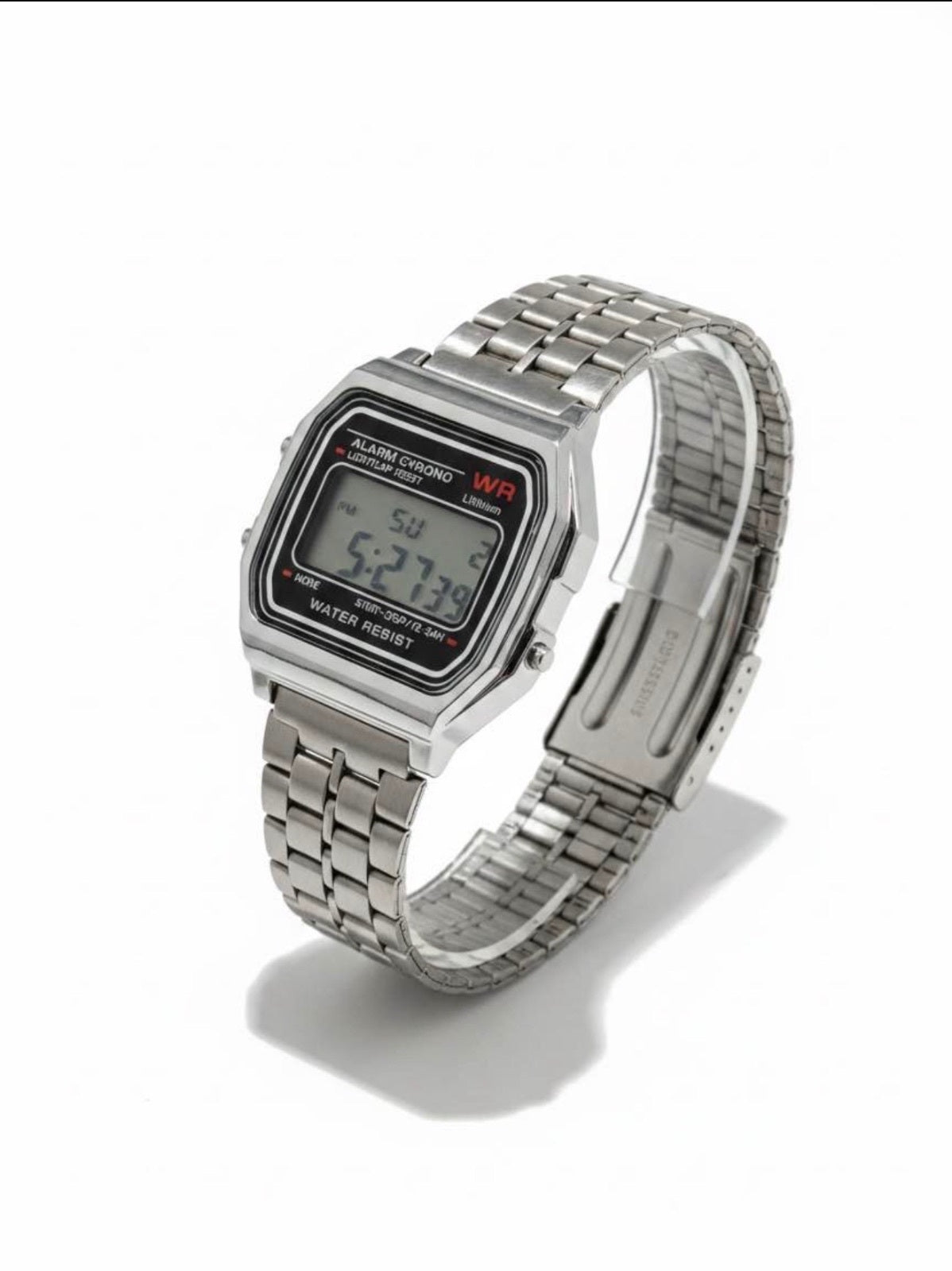 Retro Style Digital Watch Silver Tone Metal Band Alarm Chronograph Unbranded